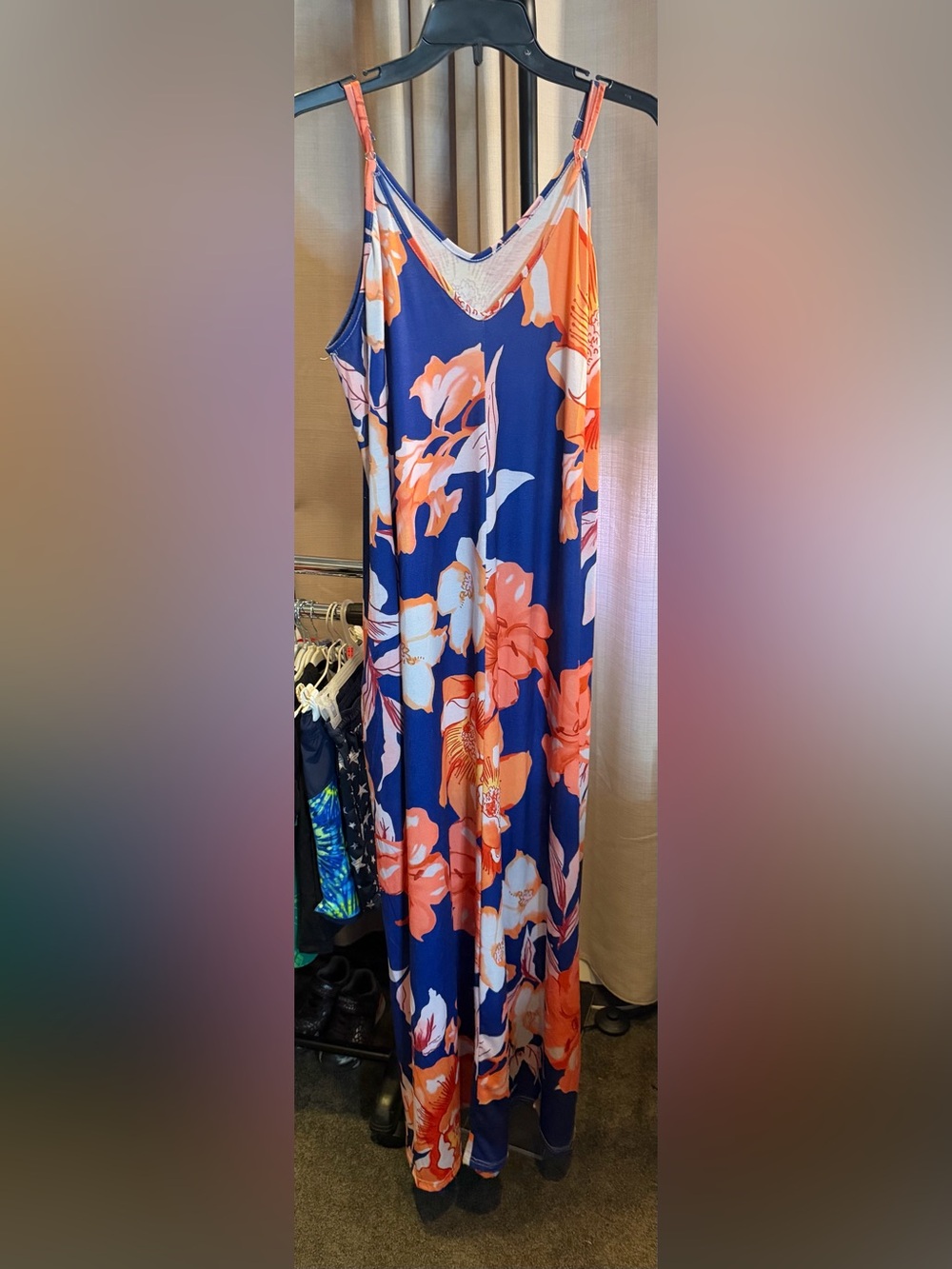 Blue Floral Maxi Dress with Coral and White Blooms
